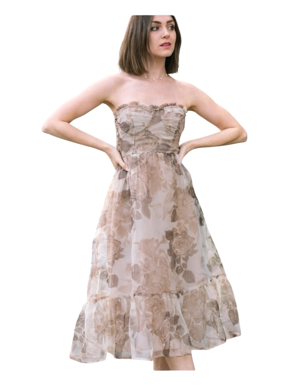 Storia Strapless Dress Brown Tan Floral Sheer Overlay Ruffle Hem S Wedding Tulle